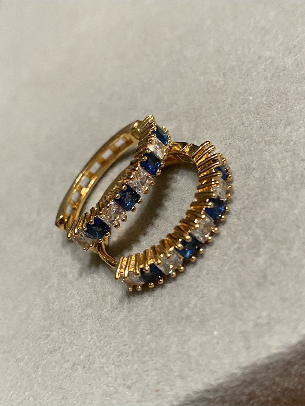 Gold Hoop Earrings with Blue and Clear Stones